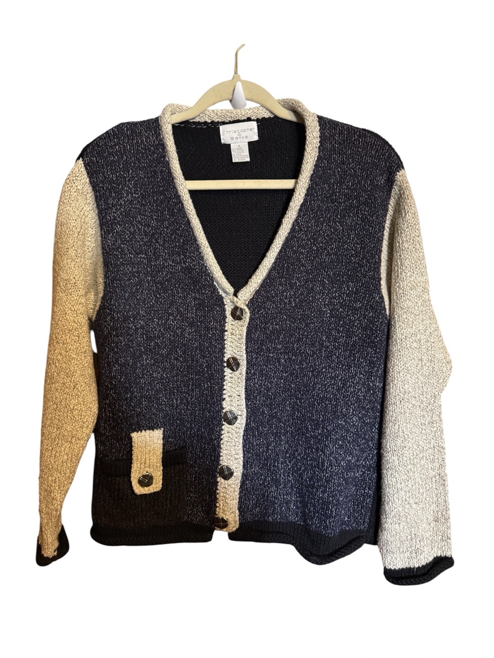Christopher & Banks Navy, Black and Cream Colorblock V‑Neck Button Cardigan